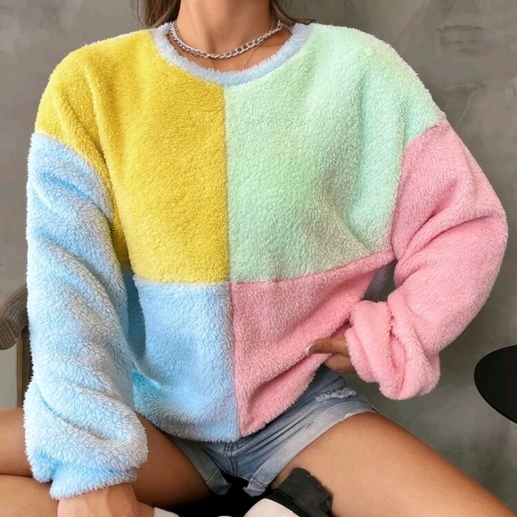Color Block Drop Shoulder Teddy Pullover,Long Sleeve Tops - Picture 1 of 5